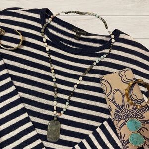 Eileen Fisher Striped Navy & White Sweater Linen Sz L Classic Fisherman Preppy